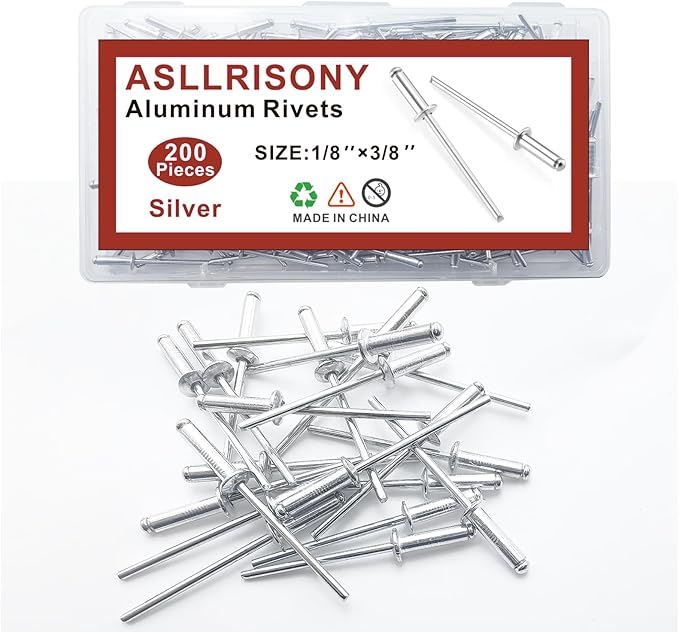 200pcs Silver 1/8" x 3/8" Aluminum Blind Rivets, 3.2 x 9.5mm Pop Rivets,Aluminum Grip and Steel Mandrel