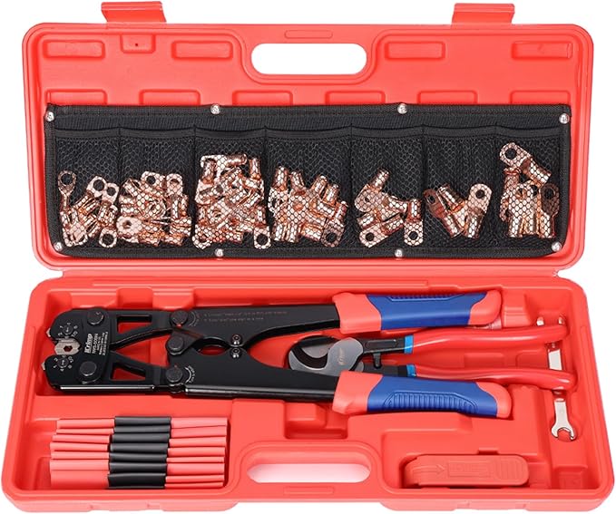 iCrimp Battery Cable Lug Crimping Tool Kit for 8-1/0 AWG - 63pcs Copper Lugs & 25pcs Heat Shrink Tubes, Wire Cutter & Stripper