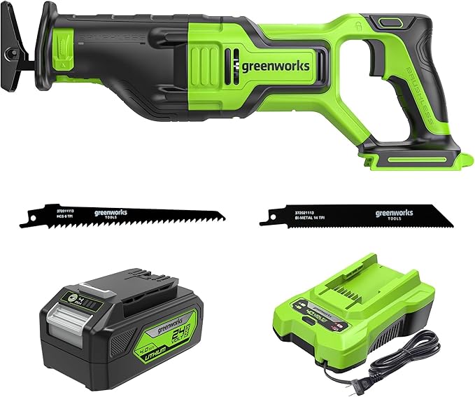 Greenworks 24V Reciprocating Saw,Cordless,Brushless,1.1"(28 mm) Stroke length,2700 SPM,4.0Ah USB Battery and Charger Included