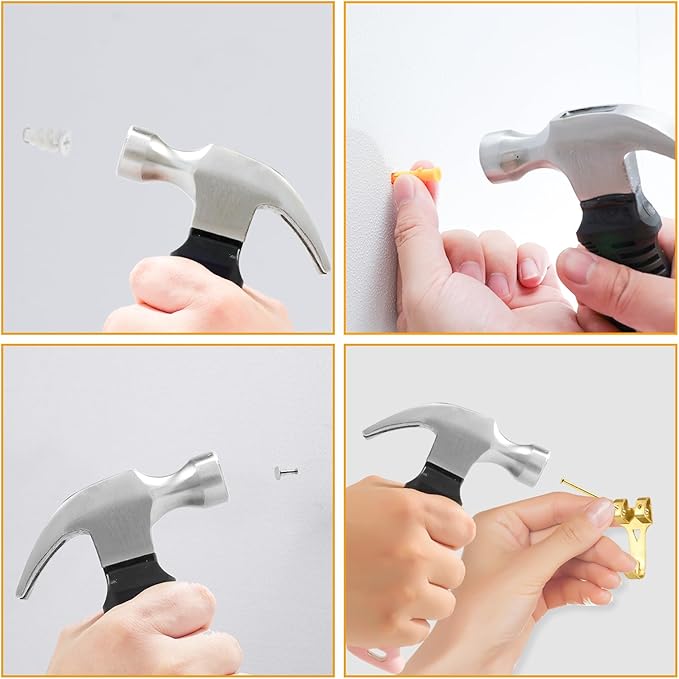 KURUI Pink Small Hammer for Picture Hanging Nails Drywall Anchors, Picture Hanging Tool, High Hardness 8oz Claw Hammer With Shock-Absorbing Non-Slip Handle for Kids and Women