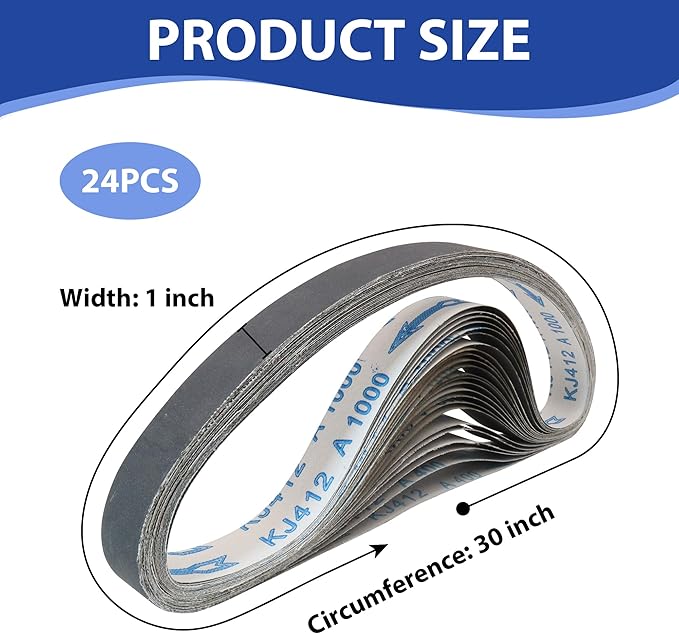 1 x 30 Inch Silicon Carbide Sanding Belts, 24Pcs 1x30 Inch Belt Sander Belts, 6 Each of 400, 600, 800, 1000 Grits Knife Sharpening Belt for Metal, Glass, Steel, Aolly, Rubber, Plastic, Wood