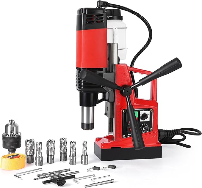 Magnetic Drill Press 1400W， 2" Boring Diameter, 810 RPM Heavy Duty Corded Mag Drill with 6pcs Cutters, Safety Kit & Case for Steel Plate, Iron Work