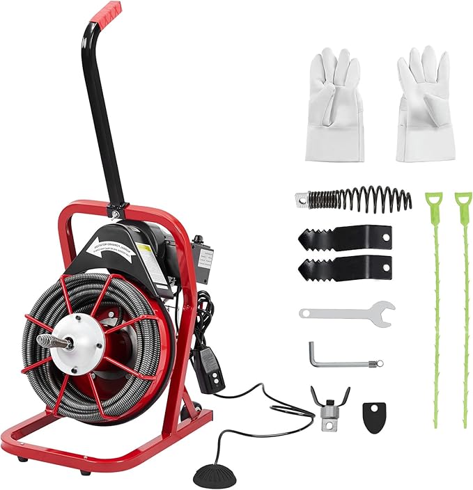 75Ft 1/2 Inch Electric Drain Cleaner Machine Auto Feed Drain Auger for 1 to 4 Inch Pipes Professional Sewer Snake with 4 Cutters Gloves Heavy Duty Clog Remover