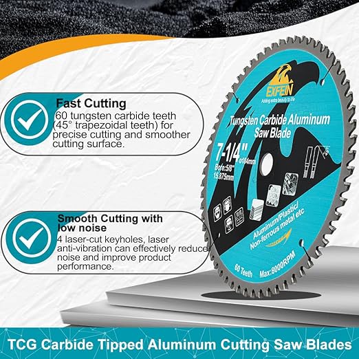 7-1/4 Inch 60 Teeth Aluminum and Non-Ferrous Metal Cutting Circular Saw Blade with 5/8 Inch Arbor, TCG Carbide Saw Blade for Metal & Plastic Cutting