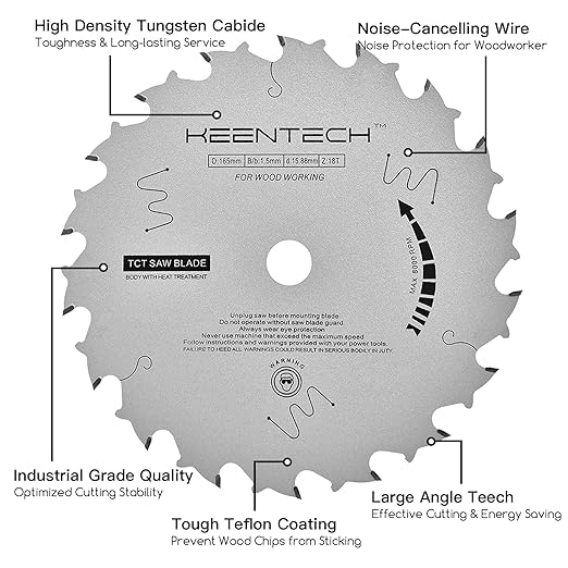 KEENTECH 6-1/2 Inch Woodworking Circular Saw Blade 18T, Non-Stick Coating, Tungsten Carbide Tipped, ATAF Grind, 5/8 Inch Arbor Hole