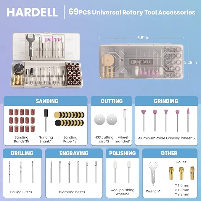 HARDELL Mini Cordless Rotary Tool, 5-Speed Rotary Tool Kit with 69 Accessories, 4V Power Rotary Tool for Cutting, Engraving, Sanding, Drilling, Polishing, Small Wood Carving tool or DIY Crafts（Pink)