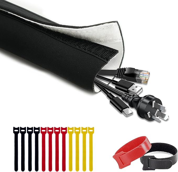 Neoprene Cable Management Sleeve 6.6ft (80 inch) - 1.5 inch, Velcro Cuttable Cord Organizer, Split Wire Loom Tubing Reversible Cord Protector for TV USB PC Ethernet Cable Hider Protect Pets Kids