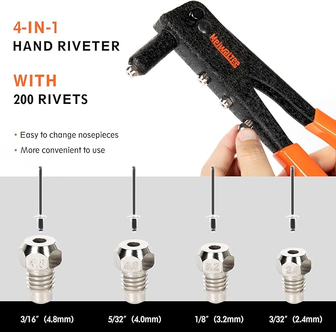 Meiwaltee Rivet Gun,Professional Pop Rivet Gun Kit with 200Pcs Rivets, 3/32"-1/8"-5/32"-3/16", Heavy Hand Riveter kit Suitable for Metal Work, Gutter, Automotive and Other Common DIY Projects