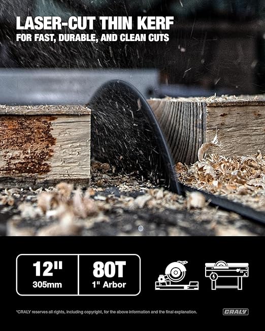 CRALY 12 Inch 80 Teeth Fine Finish Wood Cutting Circular Saw Blade, 1 Inch Arbor, Carbide Tipped, Thin Kerf, Black Ice™ Coating, for Wood Cutting Table Saw, Miter Saw(C1280FF)
