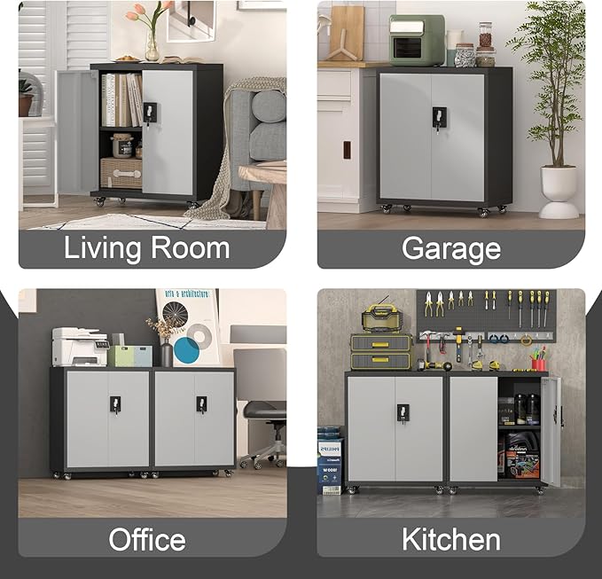 Metal Garage Storage Cabinet with Wheels,31.89" H Steel Lockable Cabinet with 2 Doors and 1 Adjustable Shelf, Small Rolling Cabinets for Home Office, Garage, BlackGrey