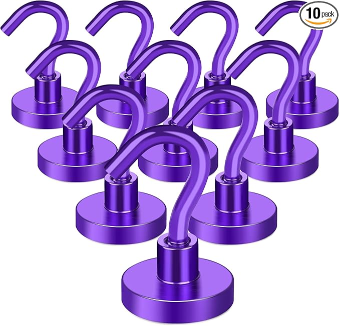 MIKEDE Magnetic Hooks Heavy Duty, 28Lbs Neodymium Magnets with Hooks for Refrigerator, 10Pcs Strong Cruise Hooks for Hanging, Magnetic Hanger for Grill, Toolbox, Storage - Purple