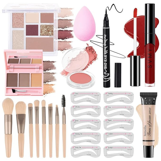 Makeup Kit for Teens Girls, Makeup Present Set for Women, Makeup Full Kit for Beginners, Mini Makeup Bundle Include 7 Puce colors Matte & Shimmer Pigmented Eyeshadow Palette, Eyebrow Powder-VeraVaultWomen
