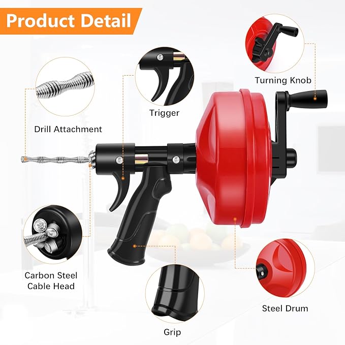 35 FT Plus Double Mode Drain Snake Tools, 13-in-1 Drain Auger for Sink and Drain Unblocking, Plumbing Snake for Kitchen, Bathrom and Shower Sink, Snake for Real DYIs[Upgraded 4.0]