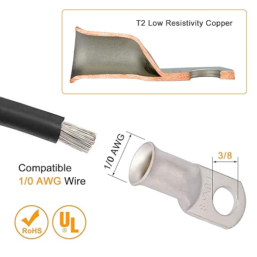 0 Gauge Lugs 4 PCS 1/0 AWG - 3/8'' Tinned Copper Cable Lugs Wire Lugs UL Listed 0 Gauge Ring Terminals Battery Cable Ends Heavy Duty Closed End Crimp Connectors with 4 PCS 3:1 Heat Shrink Tubing