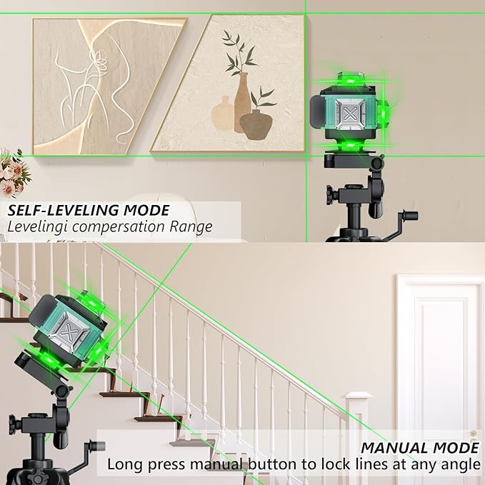 16 Line Laser Level, 4x360° Green Laser Line Self-Leveling Tool, Upgraded IP65 Metal Housing, Lazer Leveler Tool for Construction and Hanging Pictures, 2 Batteries & Remote Control