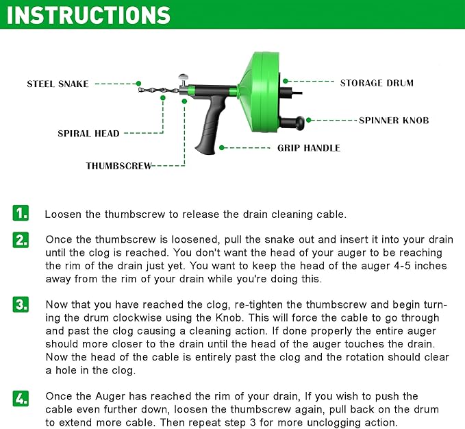 BACOENG 50Ft Drain Auger, Heavy Duty Plumbing Snake with Drill Adapter, Use Manually or Powered for Drain Clog, Shower Sink, Comes with Gloves and Bag (Green)