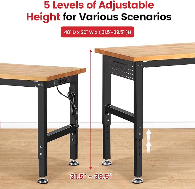 Work Bench for Garage Workbench with Pegboard Adjustable Height Work Table for Shop Woodworking, 48 x 20 Heavy Duty Rubber Wood Top for Office, Home, Commercial