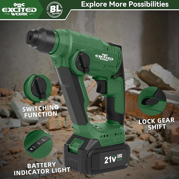 21V Max Cordless 2.0J Rotary Hammer Drill Kit with 3.0 Ah Battery, Brushless Motor and 2 Functions for Concrete, Fast Charger, 4000IPM, 3 Drills for Masonry, Metal and Wood