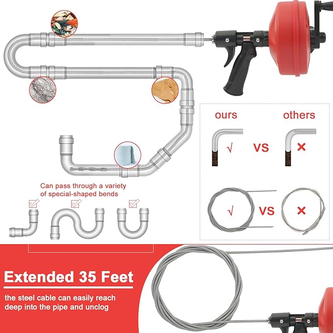 35FT Drain Snake with Drill Attachment, Auto/Manual Plumbing Snake for Kitchen Sink, Shower Clogs, Includes Gloves & Storage Bag