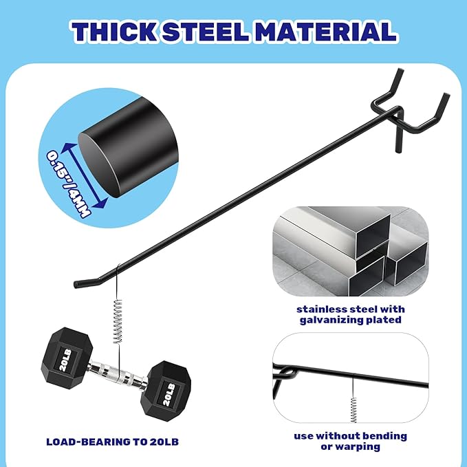 40Pcs 8" /200mm Stainless Steel Pegboard Display Hooks Bulk Set, Black Garage Organization Peg Wall Hook Metal Slatwall Panel Hook Fit 1/8 and 1/4 Inch Pegboard for Retail