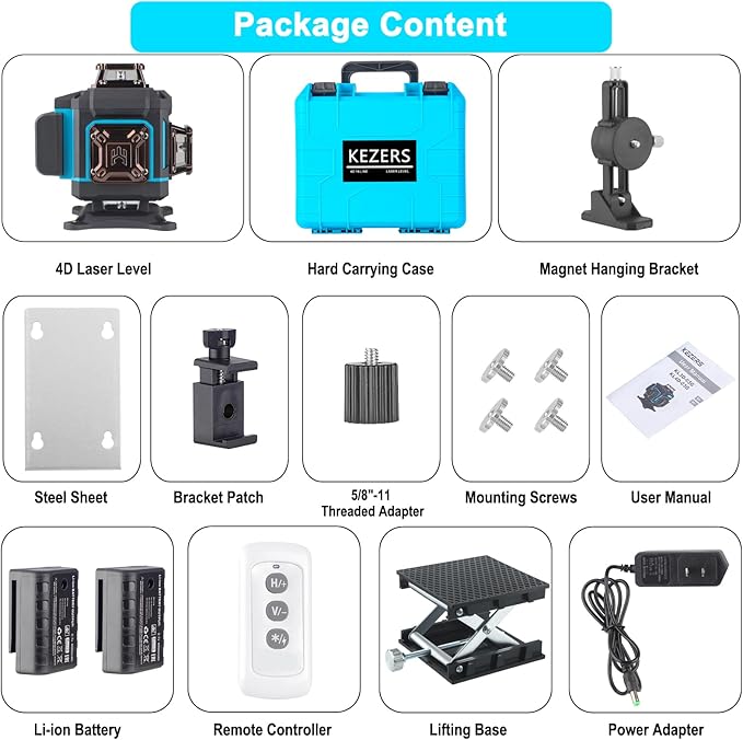 KEZERS Laser Level 360 Self Leveling,4 x 360 Laser Level with Screen Green Laser Level Line tool Leveling and Alignment Laser Tool with Pulse Mode for Construction and Picture Hanging,Remote Control