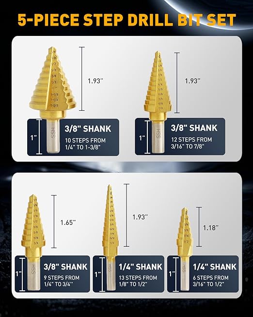 COMOWARE Step Drill Bit Set 5-Piece Titanium-Coated with Automatic Center Punch - Short Length, Double Cutting Blades, High-Speed Steel - Covering 50 Sizes, Complete with Aluminum Case