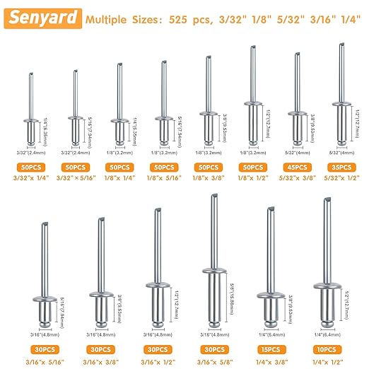 525 Pcs pop Rivets, Pop Rivets Assortment Kit, Aluminum Rivets kit, Pop Rivet Set Including (3/32" 1/8" 5/32" 3/16" 1/4"), Assorted Blind Rivets for Metal Dome Head Rivet kit
