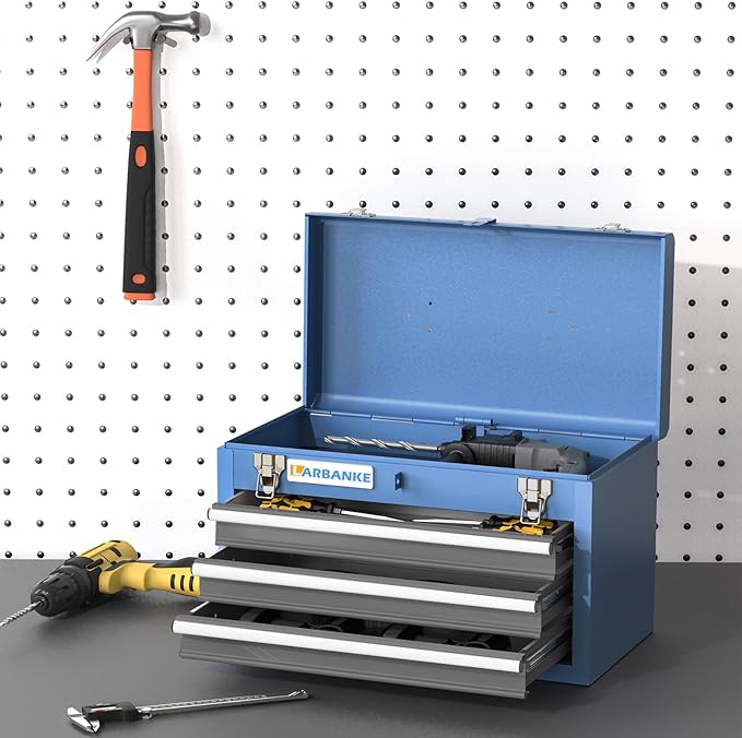 Metal Tool Box,3 Drawer Tool Box with Top Storage Tray, Portable Tool Chest with Locking System and Drawer Liner, Hand Carrying Tool Chest for Garage,Home or Workbench