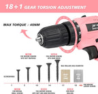 Jar-Owl 21V Pink Cordless Drill Set for Women，350 in-lb Torque, 0-1350RMP Variable Speed, 10MM 3/8'' Keyless Chuck, 18+1 Clutch, 1.5Ah Li-Ion Battery & Charger for Home DIY and Repair - Black & Pink