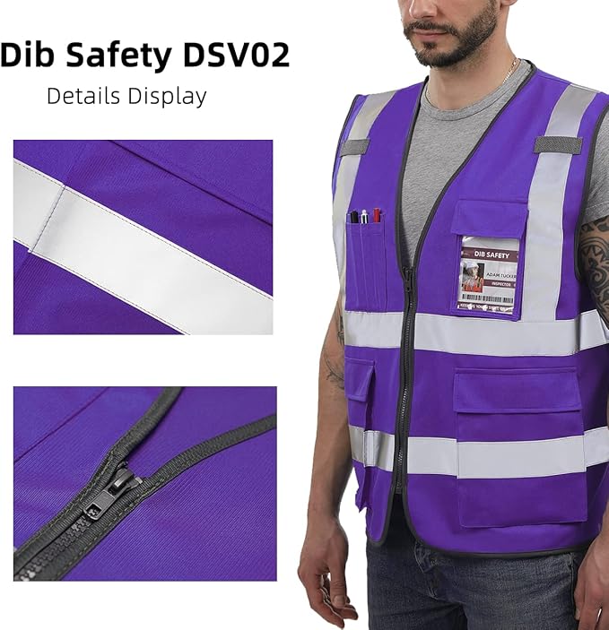 Dib Safety Reflective Vest High Visibility with Pockets and Zipper, Purple S