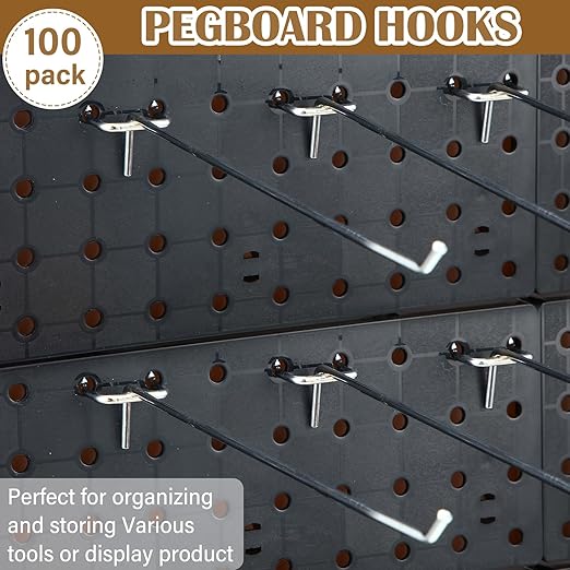 Shimeyao 100 Pcs Peg Board Shelving Hooks Stainless Steel Hanging Board Pegs Wall Display Hooks Bulk for 1/8 1/4 Garage Storage Organizer Accessories(10 Inch,Silver)
