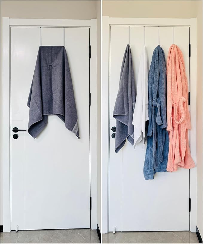 Over The Door Metal Hooks with Plastic Coating 10" Fit 0.5" to 1 3/8" Door 4 Pcs Heavy Duty Single Towel Robe Rack Wreath Bathroom Shower Hanger Shoe Organizer Ironing Board Long White