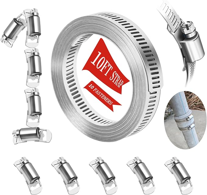 Hose Clamps 10FT Strap+10 Fasteners,DIY Cut-To-Fit 304 Stainless Steel Adjustable Large Worm Gear Band Clamp Assortment Kit,Metal Screw Fasteners and Strapping for Pipe,Duct,Pole,Tube