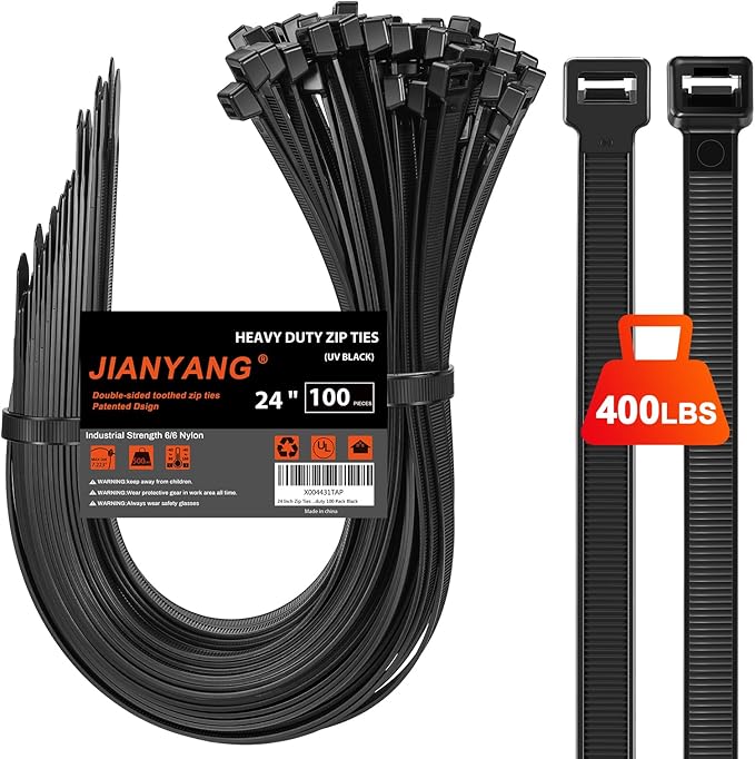 Long Zip Ties Heavy Duty 24 inch，500 LBS Tensile Strength With Double Sided Toothed Super Durable Cable Ties ，Extra Large Wire Ties Adjustable Nylon Tie Wraps for Indoor Outdoor （100 Pack Black）