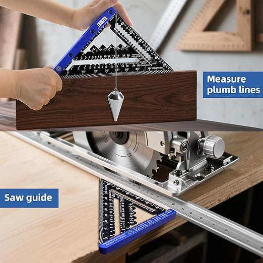 7inch Rafter Square with Carpenter Pencil, 1/8" Precision Heavy Duty Aluminum Woodworking Rule,Laser Etched Scale, Triangle-Ruler Measuring Layout Tool -Blue (Blue & Black)