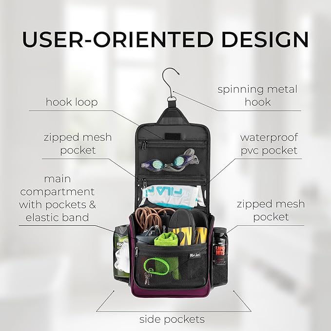 Large Hanging Toiletry Organizer - Travel Toiletry Bag for Men and Women - Waterproof Hygiene Bag with Metal XXL Swivel Hook, Sturdy Zippers and 19 Compartments for Toiletries, Makeup (Purple)