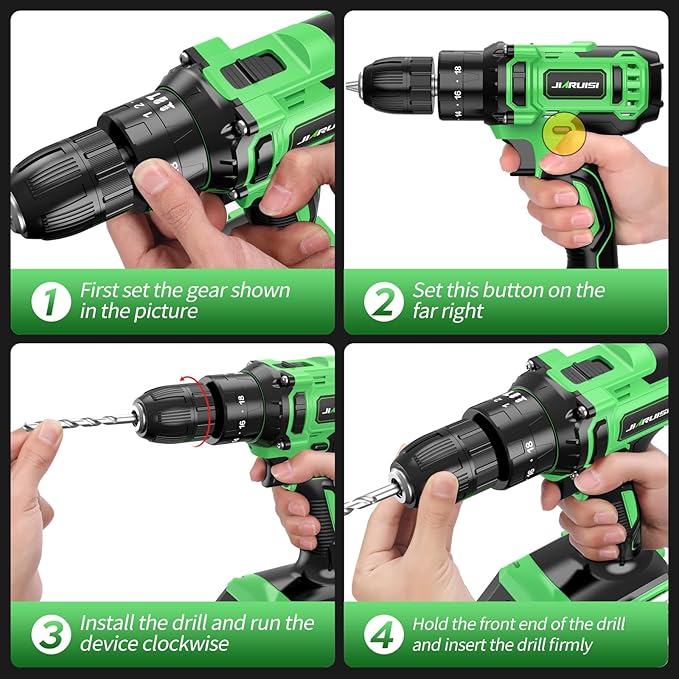 20V Cordless Drill, Electric Power Drill Set with Battery Charger, 3/8” Keyless Chuck, 2 Variable Speed, 18+3 Torque, 72pcs Driver Bits and Belt Hook, Green