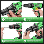 20V Cordless Drill, Electric Power Drill Set with Battery Charger, 3/8” Keyless Chuck, 2 Variable Speed, 18+3 Torque, 72pcs Driver Bits and Belt Hook, Green