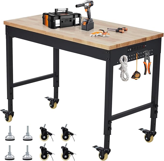 Work Bench 72" Adjustable Height, Heavy-Duty Portable Workbench with Power Outlets for Garage & Workshop, 2000 LBS Load Capacity, Work Table for Office, Home, Easy Assembly
