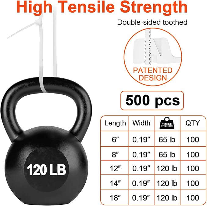 Zip Ties Assorted Size,500 Pack,6+8+12+14+18 Inch Double Sided Toothed,120 LBS Tensile Strength Heavy Duty Cable Wire Ties Self-Locking Adjustable Durable Nylon Tie Wraps for Indoor Outdoor White