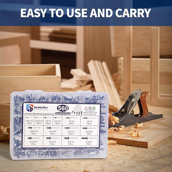 560 Pcs 14 Sizes Pop Rivets Assortment Kit, Aluminum Rivets, 3/32" 1/8" 5/32" 3/16" 1/4" Blind Rivets for Metal, Dome Head rivet kit(Black)