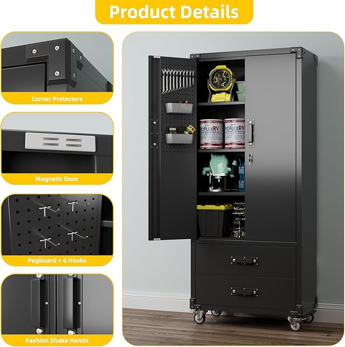 Aobabo 2 Large Drawer Metal Storage Cabinet with Wheels, Lockable Steel Storage Cabinet with 3 Adjustable Shelves and 6 Hooks for Home, Office, Garage, Classroom, Black, Assembly Required