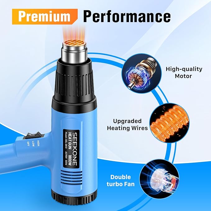 SEEKONE Heat Gun, 1800W Heavy Duty Hot Air Gun Kit Dual-temperature Setting 572℉&1112℉, Hot Heat Gun with Overheat Protection, 4 Nozzles Included, for Shrinking PVC, Stripping Paint, Crafts (5.2ft)