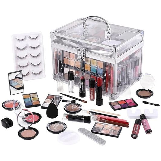 Makeup Kit for Women Full Kit - Eyeshadow Palette, Lipsticks, Lipgloss, Blushes, Contour, Highlighters, Makeup Pencil, False Eyelashes, Re-usable Train Case Gift Set for Teen Girls Starters Pros-VeraVaultWomen