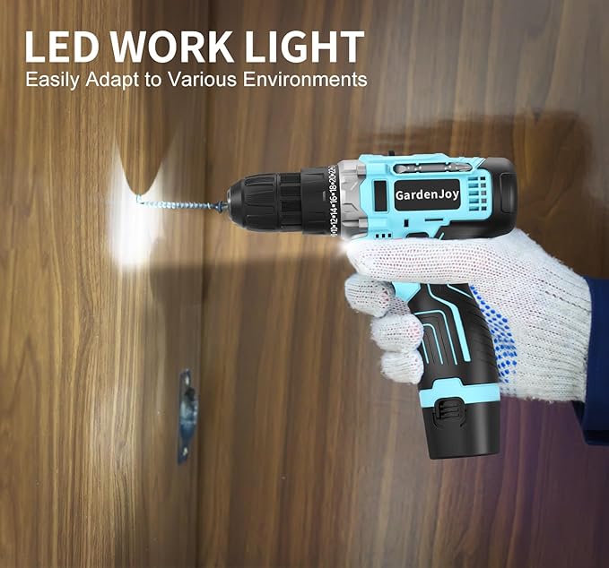 GardenJoy Cordless Power Drill Set: 12V Electric Drill with Battery and Charger, 65pcs Acessories, 3/8"Keyless Chuck, 2 Variable Speed, 24+1 Position, Compact Drill Driver Kit for Home & DIY Project