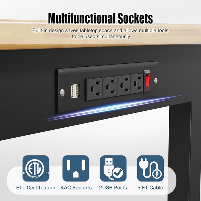 48” Heavy-Duty Solid Wood Work Bench Work Table, Adjustable Height Workbench with Power Outlets, 3000 Lbs Capacity Workstation for Garage, Workshop