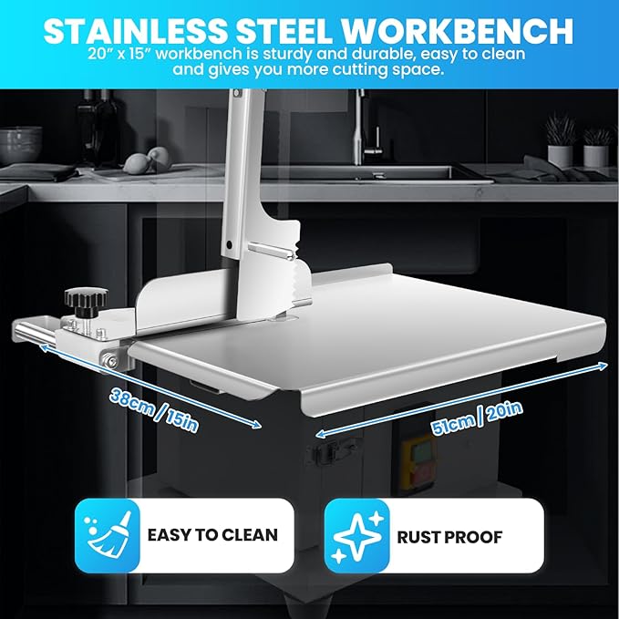 1800W Commercial Electric Bone Saw Machine, 0-7.8 Inch Cutting Thickness, 2.8HP Frozen Meat Cutter 110V Bandsaw Machine, 15" x 20" Table Sawing for Frozen Meat Rib Pork Beef with 8 Saw Blades