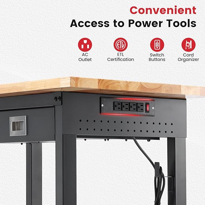 Work Bench for Garage 48 x 24 Inch Adjustable Height Workbenches with Drawers Heavy Duty Rubberwood Tabletop Work Table with Pegboard, Power Outlets for Office Home Commercial