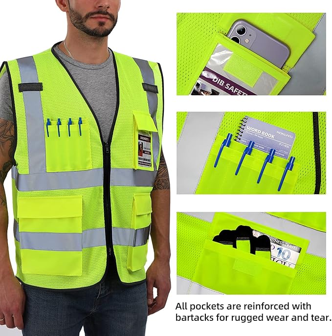 Dib Safety Reflective Vest Mesh, High Visibility Vest with Pockets and Zipper, Construction Work Vest ANSI Class 2, Yellow Mesh 4XL