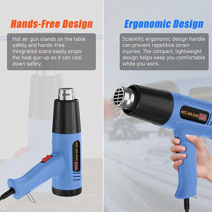 Heat Gun for Vinyl Wrap,Shrink Tubing,Paint,Epoxy Resin,Candle Making,Adjustable Temperature,Overload Protection Hot Air Gun Kit Nozzles(Side Temp Display + Stepless Temp Control)